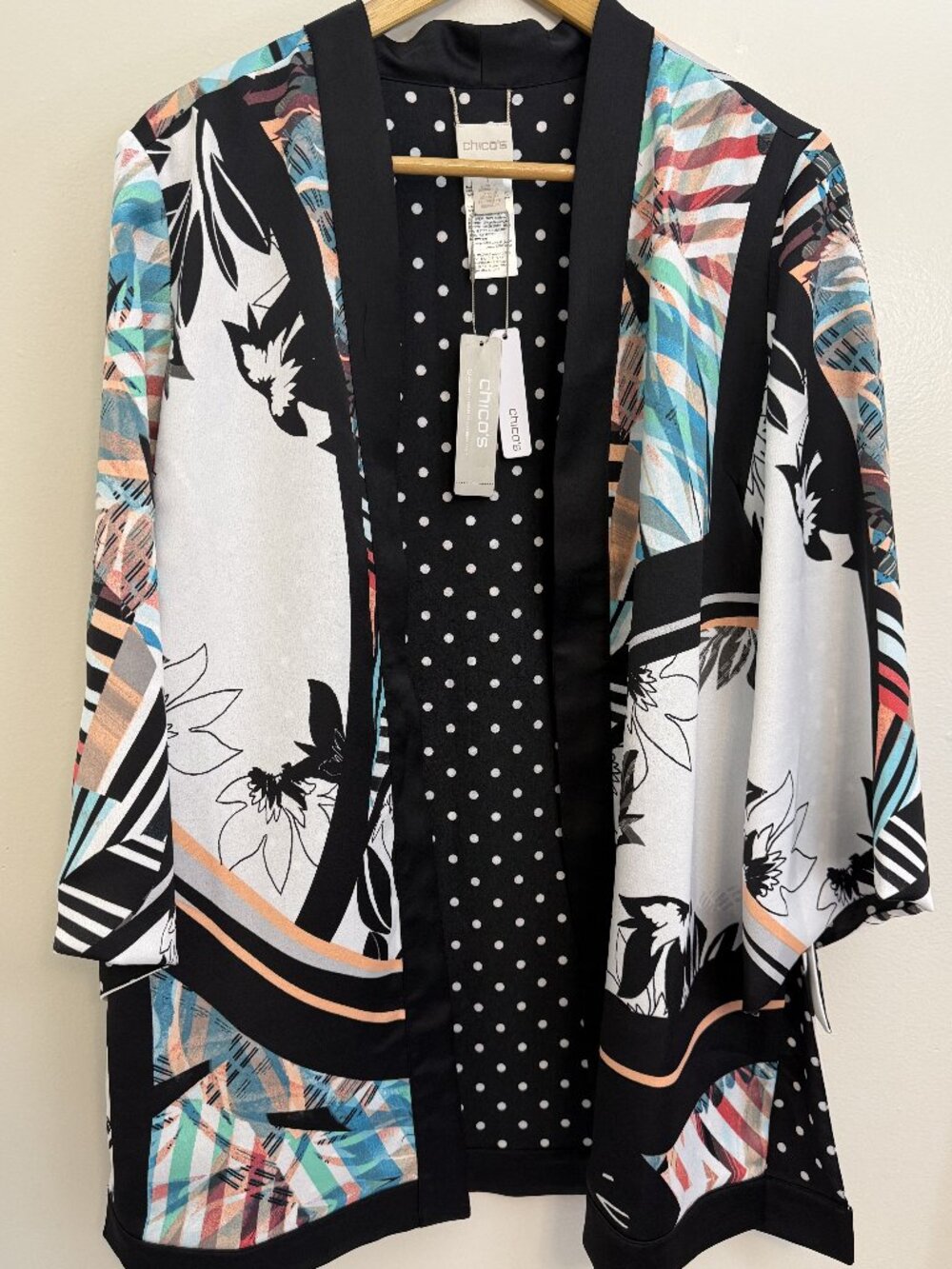 Chicos Womens Kimono Style Open Front Overpiece Size 1 (M) Double Sided Print